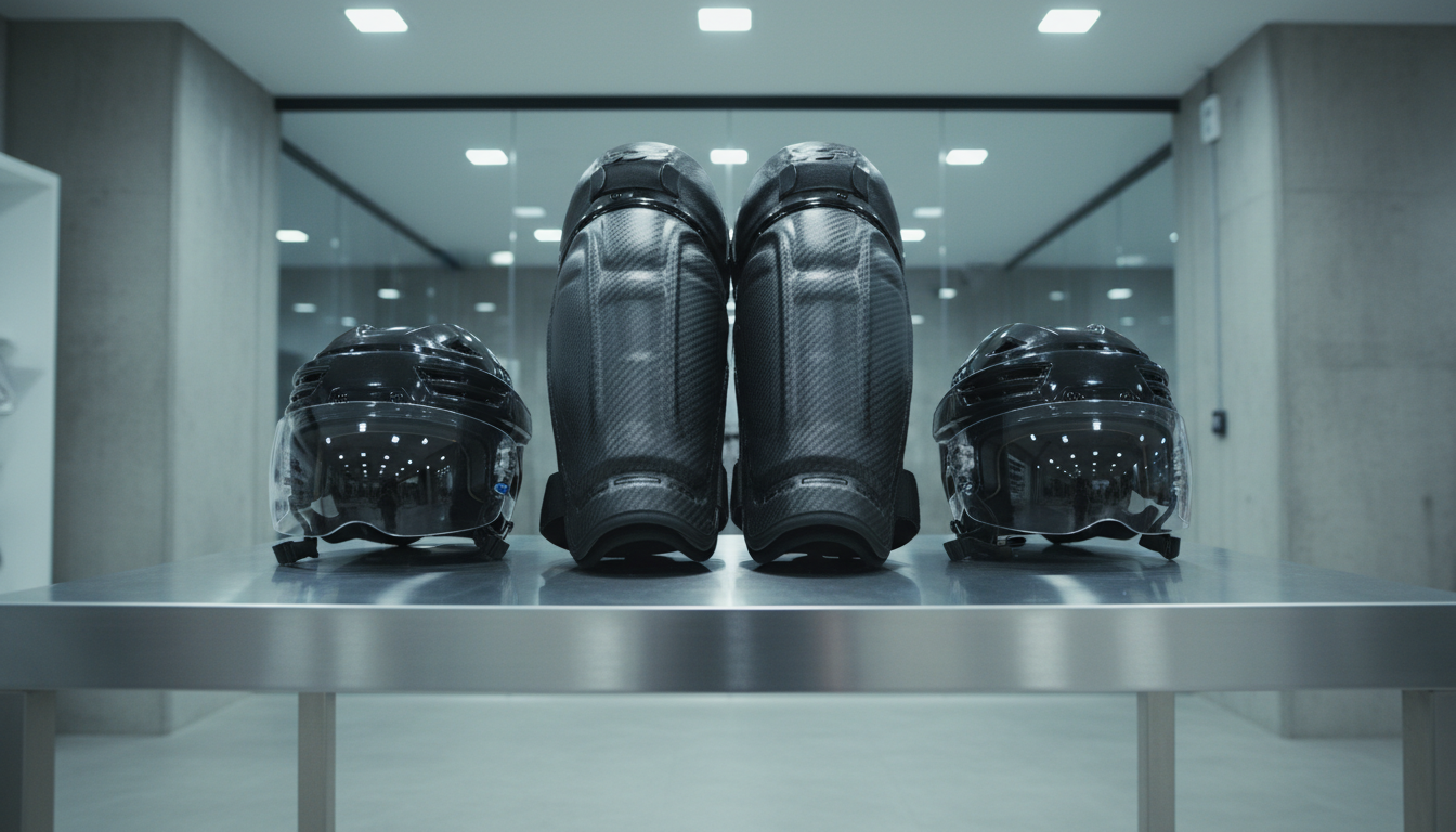 A set of high-quality protective gear for hockey, including matte carbon-fiber shin guards and a perfectly contoured helmet with a clear, polished visor, displayed symmetrically atop a clean steel display table. The table is set within a retail showroom featuring minimalist decor and architectural concrete accents. Cool, even LED panel lighting gently graces the hard surfaces, accentuating fine details and creating soft, well-defined shadows underneath the display. The camera captures the arrangement from a low, slightly angled perspective for dynamic dimension, while maintaining sharp focus and clean lines throughout. The mood is assertive, trustworthy, and professional, fitting the corporate style of a top-tier sporting equipment store.